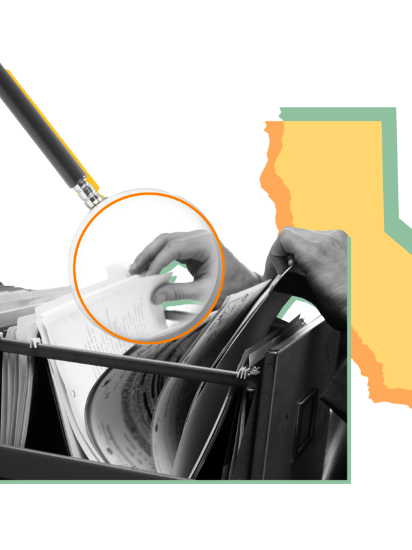 Outline of the state of California overlaid with pictures of hands going through files and a magnifying glass