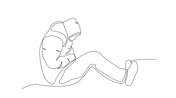 line drawing of a person huddled on the ground