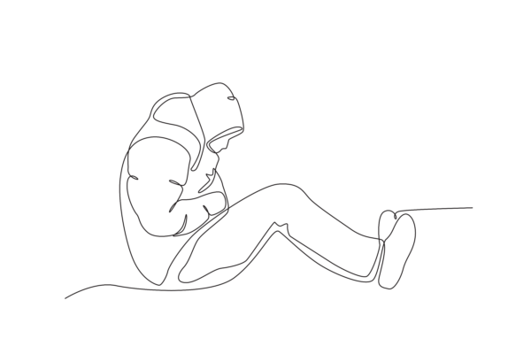 line drawing of a person huddled on the ground