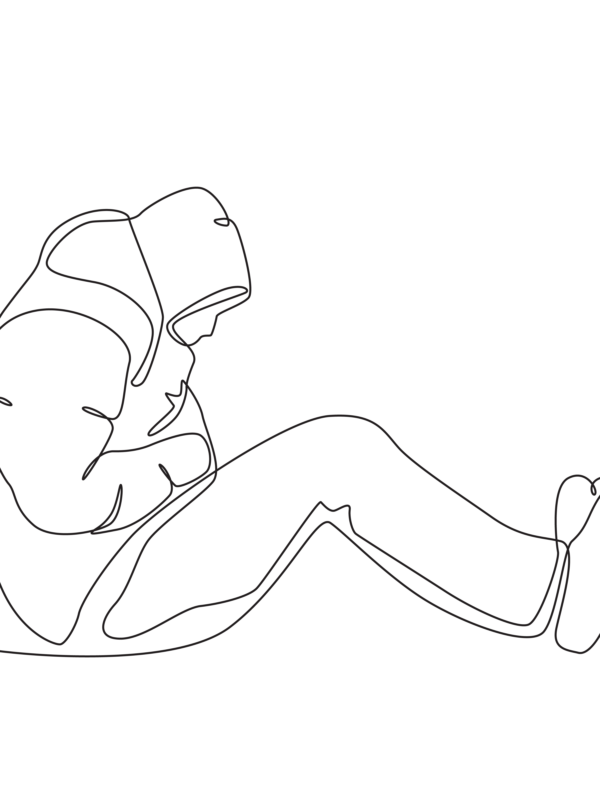 line drawing of a person huddled on the ground