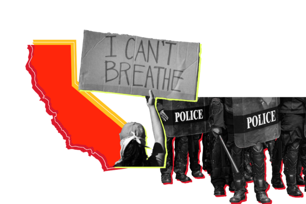 Outline of the state of California overlaid with pictures of a protestor holding a sign that says "I can't breathe" and the lower bodies of police in protest gear