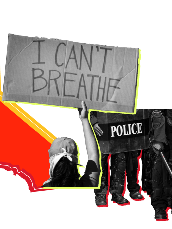 Outline of the state of California overlaid with pictures of a protestor holding a sign that says "I can't breathe" and the lower bodies of police in protest gear