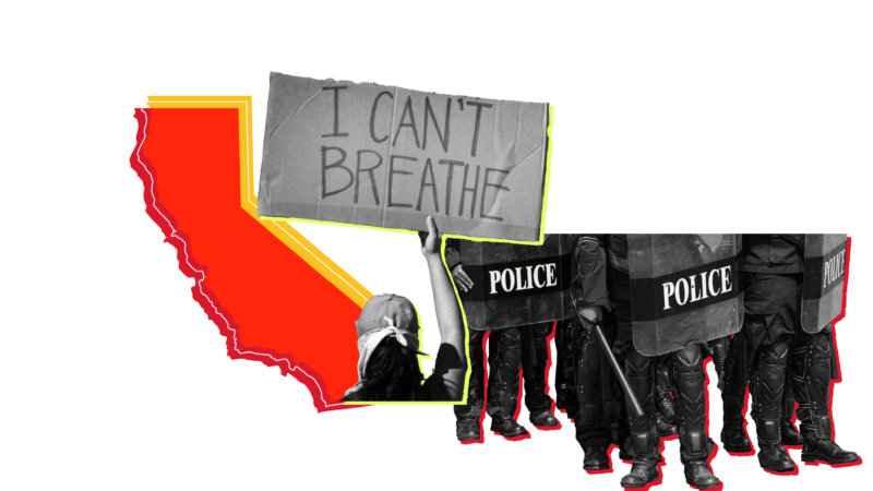 Outline of the state of California overlaid with pictures of a protestor holding a sign that says "I can't breathe" and the lower bodies of police in protest gear