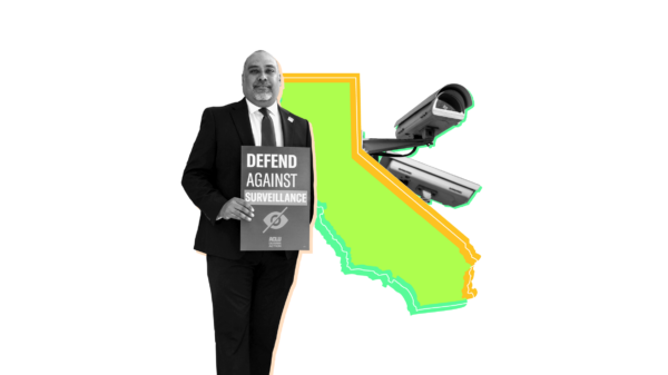 Outline of the state of California with a man in a suit holding a sign that says "Defend Against Surveillance" and a camera