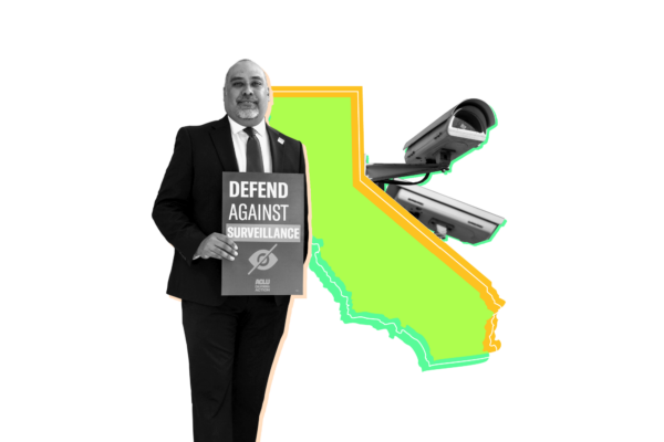 Outline of the state of California with a man in a suit holding a sign that says "Defend Against Surveillance" and a camera