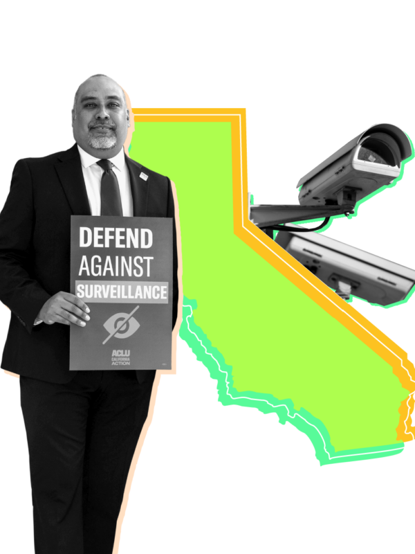 Outline of the state of California with a man in a suit holding a sign that says "Defend Against Surveillance" and a camera
