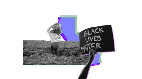 Outline of the state of California overlaid with pictures of a farm worker and a protestor holding a Black Lives Matter sign