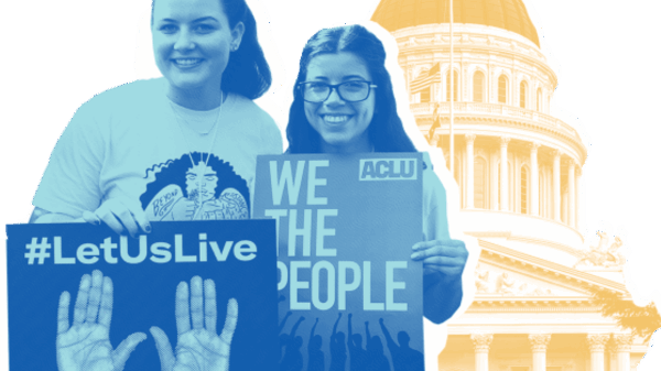 two young activists on front of the California State Capitol