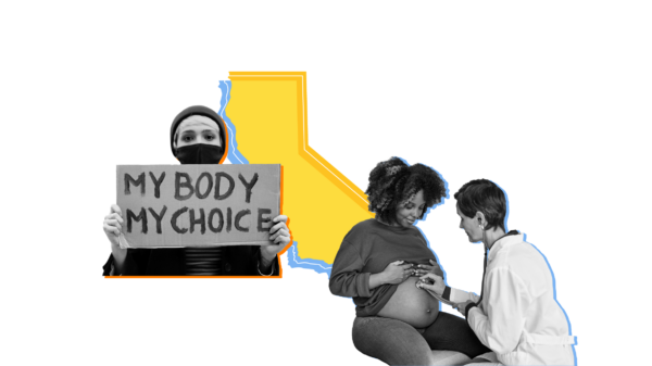 Outline of the state of California overlaid with pictures of a protestor holding a "My Body My Choice" sign and a pregnant person at a doctor's appointment
