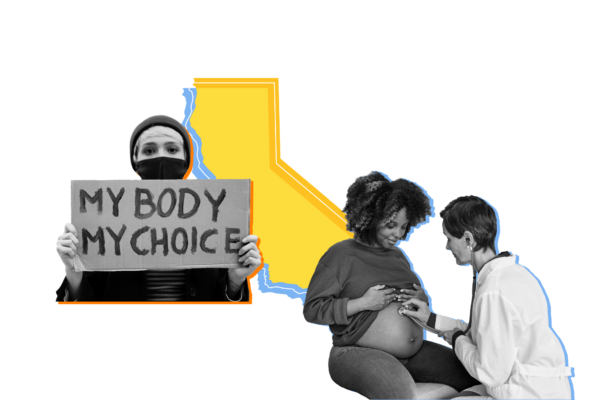 Outline of the state of California overlaid with pictures of a protestor holding a "My Body My Choice" sign and a pregnant person at a doctor's appointment