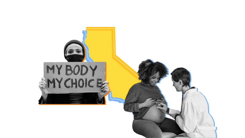 Outline of the state of California overlaid with pictures of a protestor holding a "My Body My Choice" sign and a pregnant person at a doctor's appointment