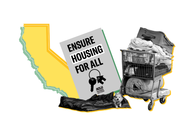 The state of California with a sign that says "Ensure housing for all" and a shopping cart filled with someone's belongings
