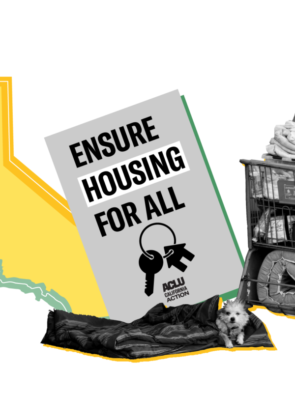 The state of California with a sign that says "Ensure housing for all" and a shopping cart filled with someone's belongings