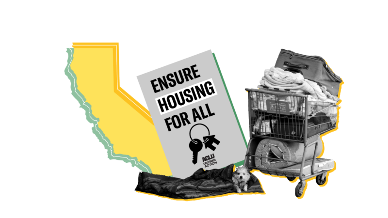 The state of California with a sign that says "Ensure housing for all" and a shopping cart filled with someone's belongings