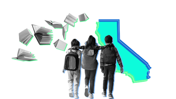 outline of the state of california with students and books