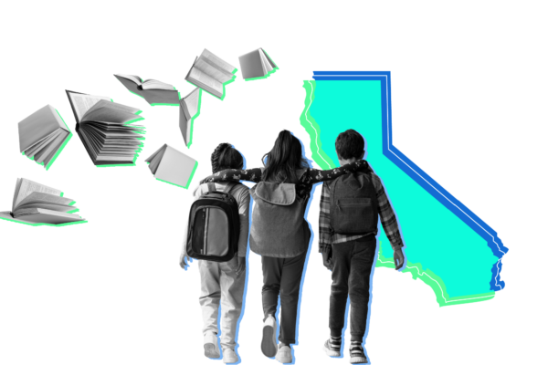 outline of the state of california with students and books