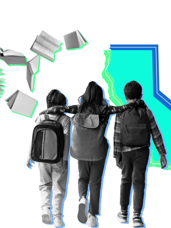 outline of the state of california with students and books