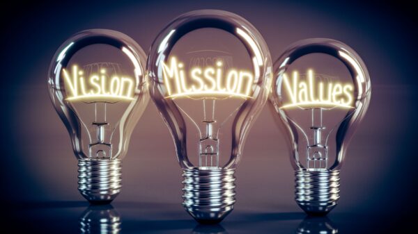 Three lightbulbs with the words "Mission," "Vision," and "Values" illuminated like filaments within them