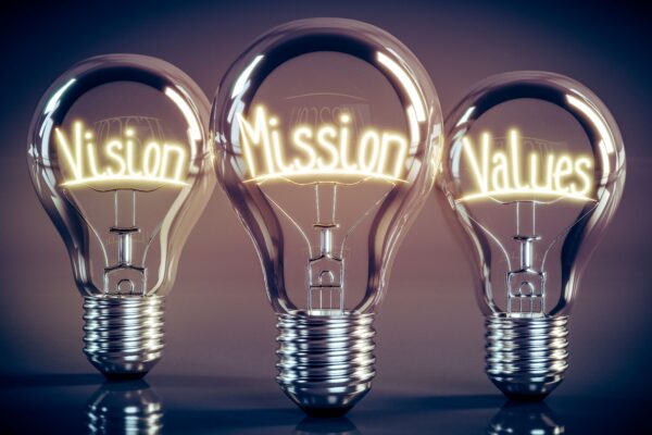 Three lightbulbs with the words "Mission," "Vision," and "Values" illuminated like filaments within them