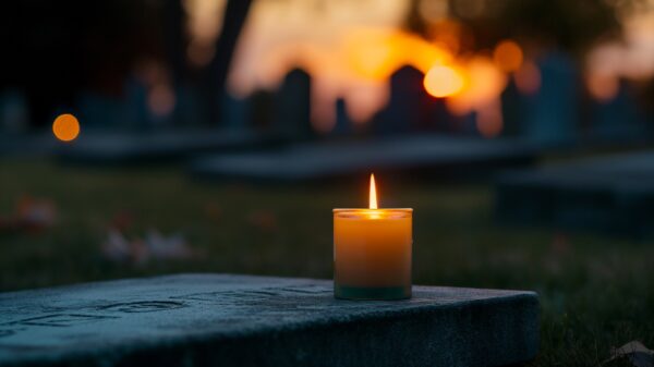 A candle burning at dusk outdoors