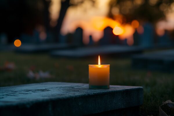 A candle burning at dusk outdoors