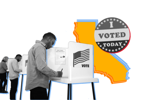 OUtline of the state of california overlaid with a picture of a man at a voting booth and and "I voted today" sticker