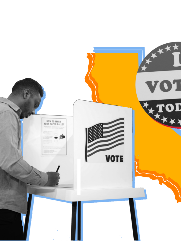 OUtline of the state of california overlaid with a picture of a man at a voting booth and and "I voted today" sticker