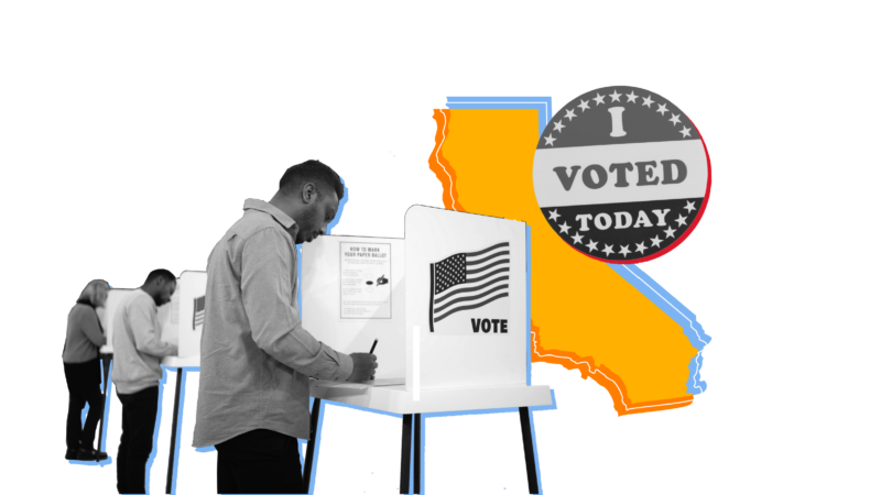 OUtline of the state of california overlaid with a picture of a man at a voting booth and and "I voted today" sticker