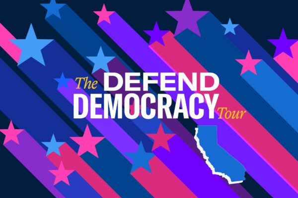 Words "The Defend Democracy Tour" overlaid on a background of pink and blue and purple shooting stars