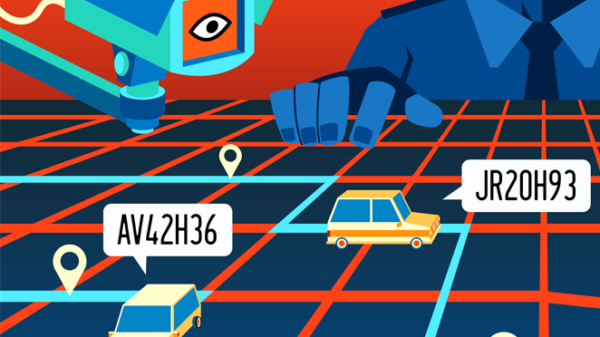 Cartoon grid with cars, location pins and license plate, which are overlooked by a camera and a law enforcement officer