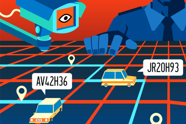 Cartoon grid with cars, location pins and license plate, which are overlooked by a camera and a law enforcement officer