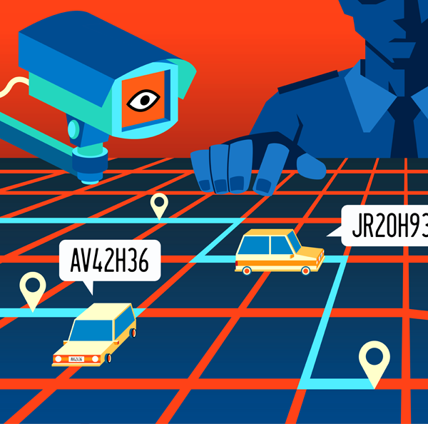 Cartoon grid with cars, location pins and license plate, which are overlooked by a camera and a law enforcement officer