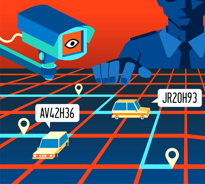 Cartoon grid with cars, location pins and license plate, which are overlooked by a camera and a law enforcement officer