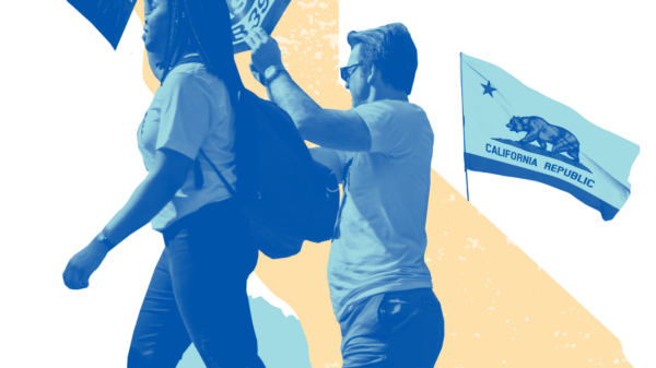 Two activists holding signs with an image of California in the background next to the California flag