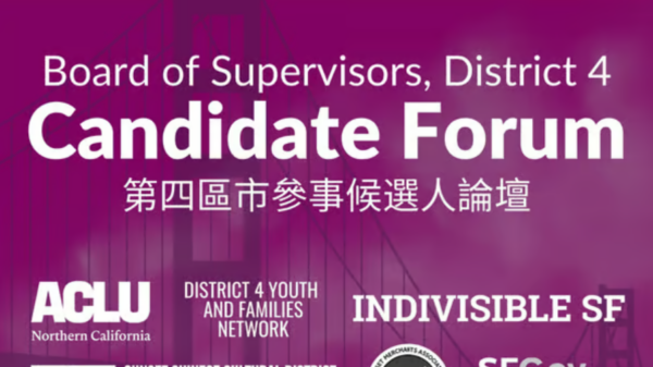 purple flyer for sf board of supervisor district 4 forum with organizational logos