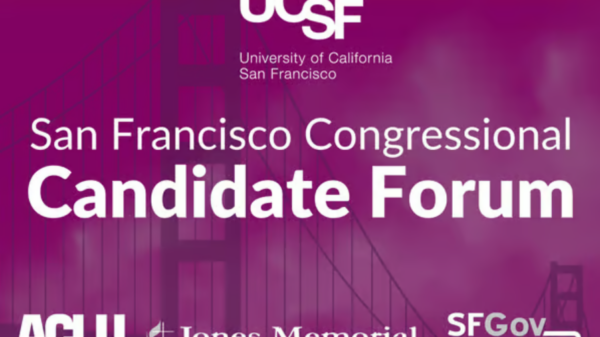 purple flyer for san francisco congressional candidate forum with organizational logos