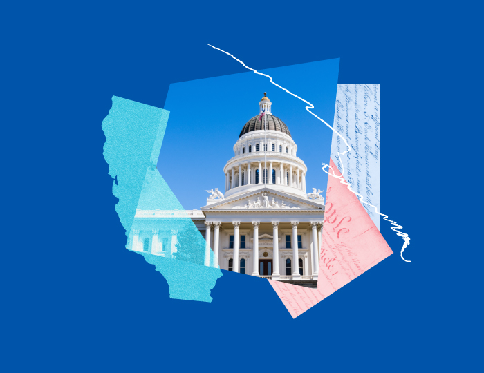 Collage of CA State Capitol, CA State outline, and Bill of Rights text