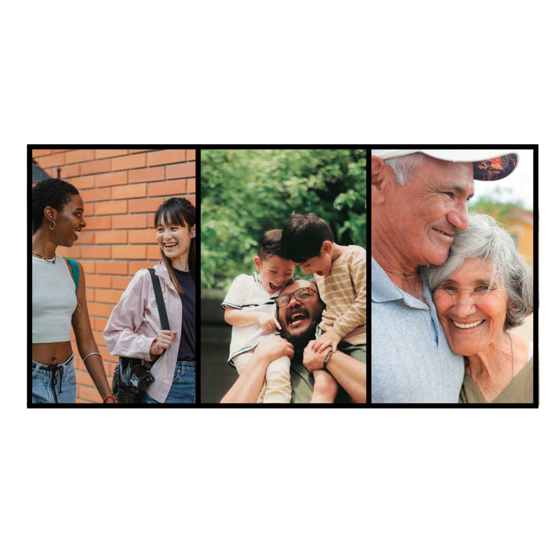3 photos side by side: two girls walking and talking, a father with his sons on his shoulders and an elderly couple smiling