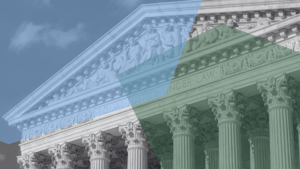 US Supreme Court facade with color blocked shapes overlaying it