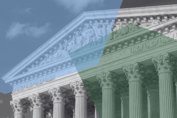 US Supreme Court facade with color blocked shapes overlaying it