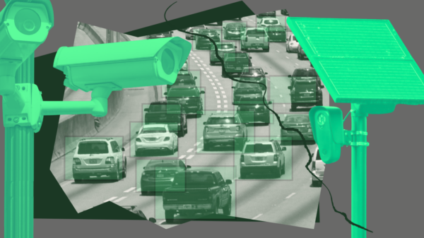 Flock Cameras surveilling cars on highway.