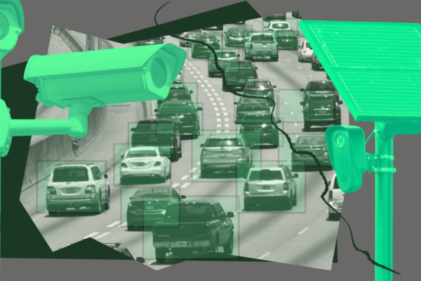 Flock Cameras surveilling cars on highway.