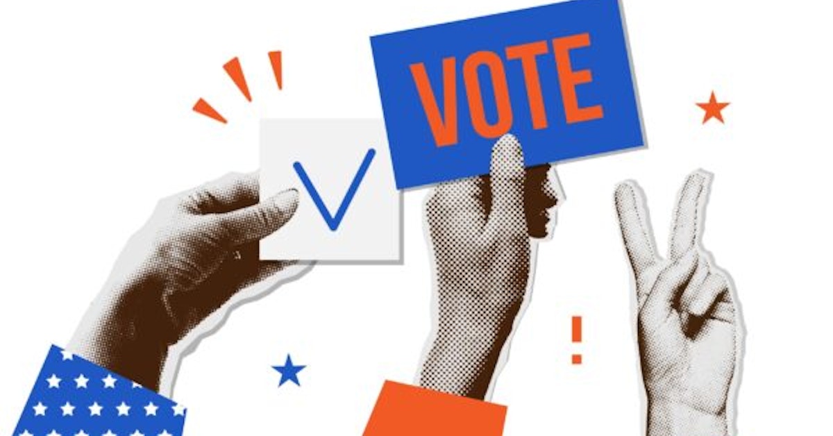 collagey graphic with people's hands holding signs saying "Vote" and check marks