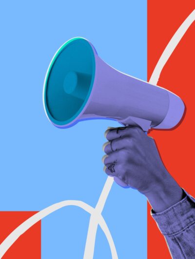 graphic of hand holding megaphone on red and blue background