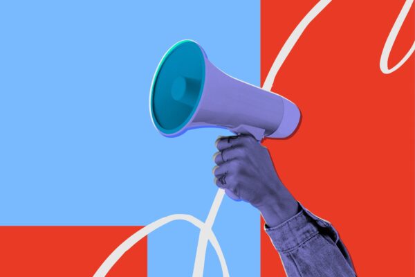 graphic of hand holding megaphone on red and blue background