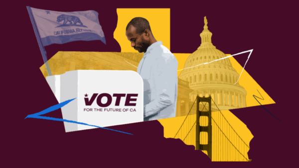 election collage featuring ballot box, california flag, voter, state outline, golden gate bridge, and state capitol