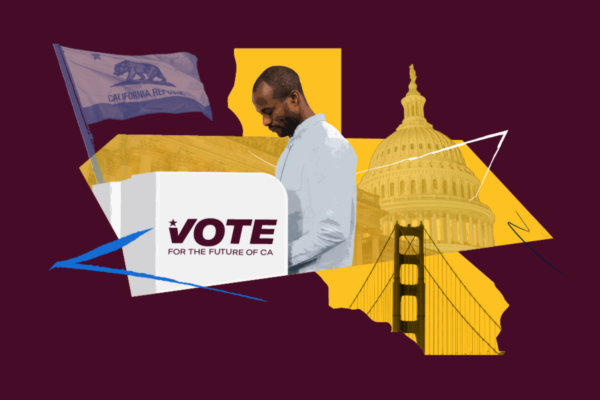 election collage featuring ballot box, california flag, voter, state outline, golden gate bridge, and state capitol