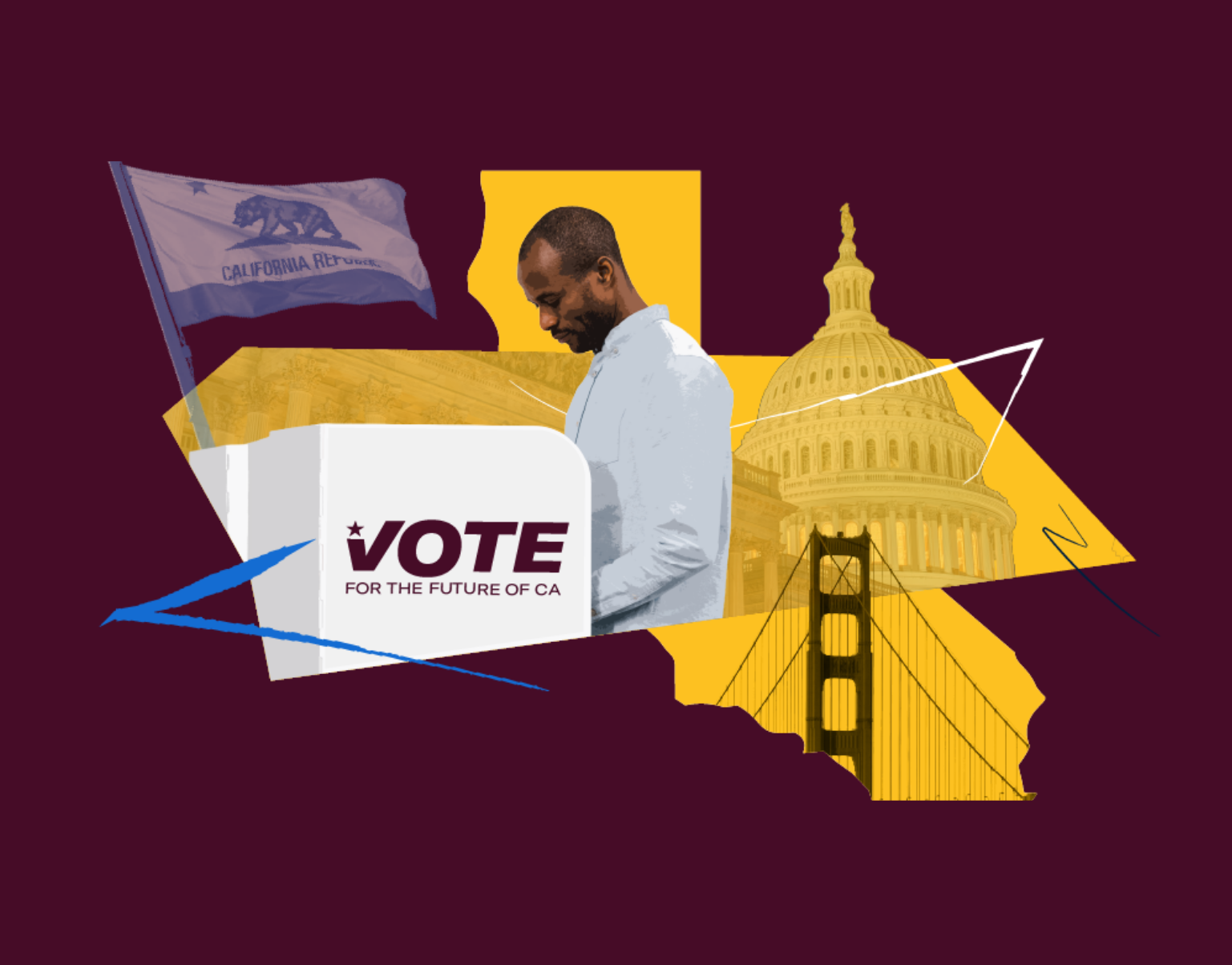 election collage featuring ballot box, california flag, voter, state outline, golden gate bridge, and state capitol