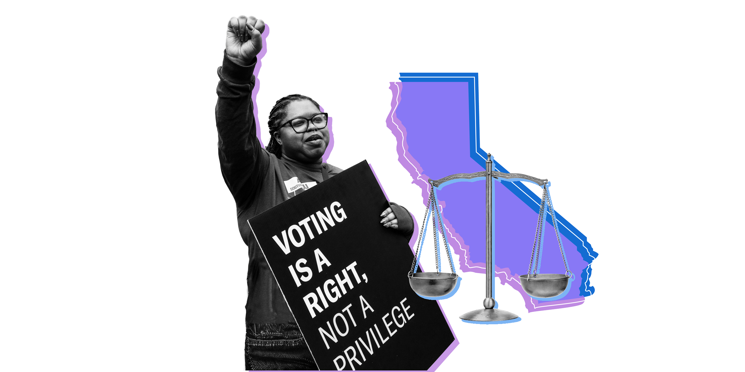 Person with raised fist holding a sign that says "Voting is a right, not a privilege."