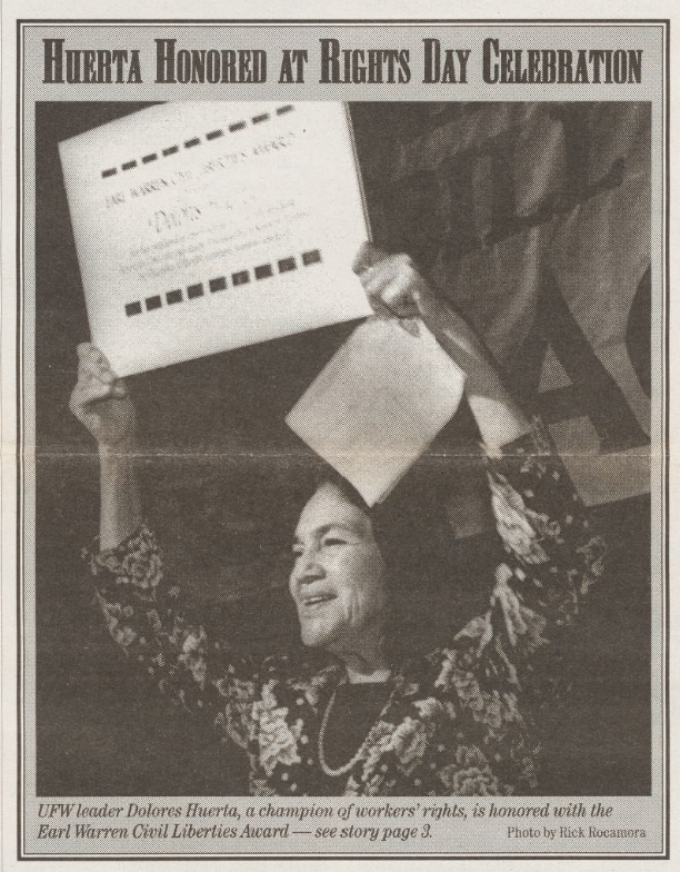 Dolores Huerta receiving the Chief Justice Earl Warren Civil Liberties Award in 1997, pictured in the ACLU News